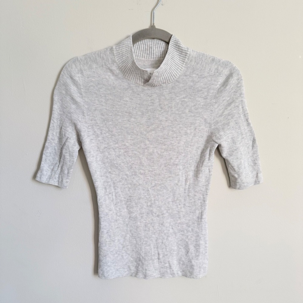 ADAY Mock Up Top Light Grey Short Sleeve Merino Wool Lyocell Ribbed Sweater M